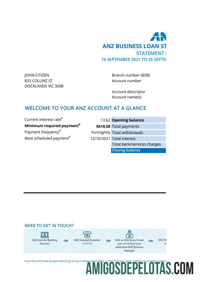 Modelo de extrato bancário de comprovante de endereço ANZ da Austrália em branco em formato .xls e .pdf, totalmente editável